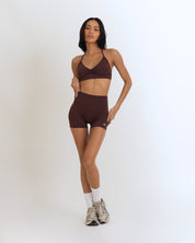 Front view of the Model Wearing a Espresso Color Ease Form Shorts From OJA Wear Philippines - Activewear & Athleisure for Pilates and Workouts