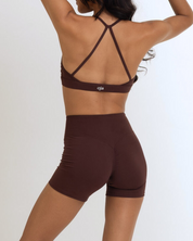 Back view of the Model Wearing a Espresso Color Ease Form Shorts From OJA Wear Philippines - Activewear & Athleisure for Pilates and Workouts