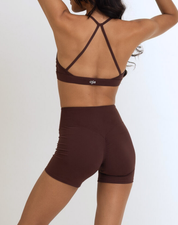 Back view of the Model Wearing a Espresso Color Ease Form Shorts From OJA Wear Philippines - Activewear & Athleisure for Pilates and Workouts