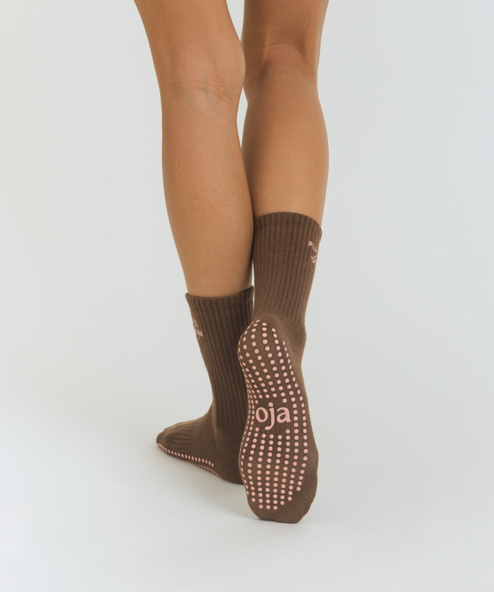 OJA Wear - Elevated Essentials Grip Socks - Espresso with pink Embroiderry - Premium Activewear & Athleisure for Pilates and Workouts - Philippines