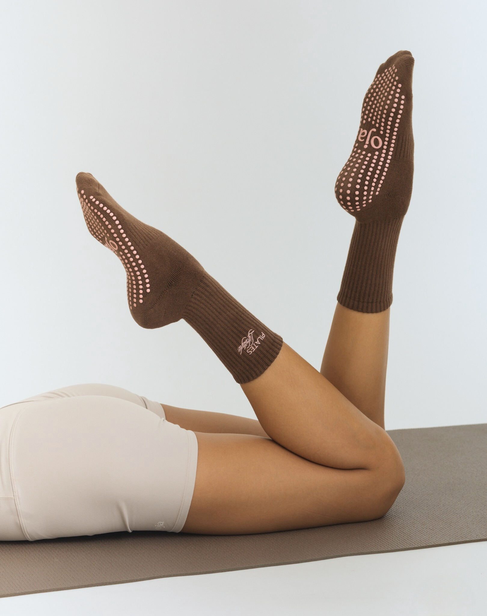 OJA Wear - Elevated Essentials Grip Socks - Espresso with pink Embroiderry - Premium Activewear & Athleisure for Pilates and Workouts - Philippines