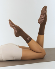 OJA Wear - Elevated Essentials Grip Socks - Espresso with pink Embroiderry - Premium Activewear & Athleisure for Pilates and Workouts - Philippines